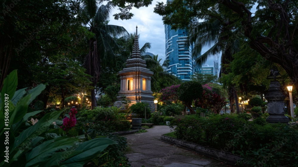 Fototapeta premium Serene Park Scene with Historic Pagoda and Modern Skyscrapers