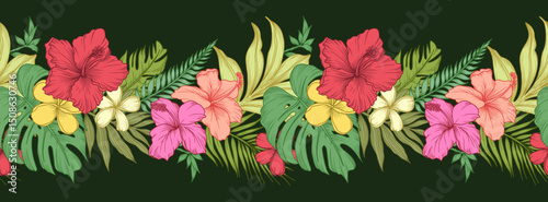 Lush floral border with tropical flowers, branches and leaves. Seamless horizontal color background with beautiful garland of exotic plants. Vector vintage illustration