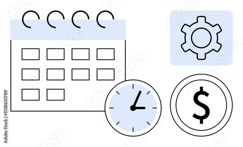 Calendar, clock, gear, and dollar sign represent planning, time tracking, resource allocation, scheduling, productivity business efficiency and financial management. Ideal for business tools
