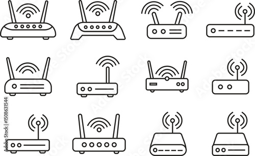 WIFI router icons set in line. wireless routers and internet connectivity devices with antennas and signals. Modem collection