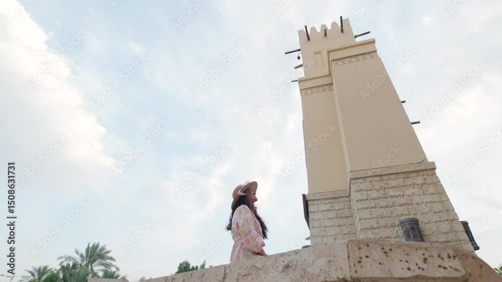 woman on the top of the tower exploring European architecture , shot from below - 4k pro res 422 travel stock videos with young smiling woman in a floral dress