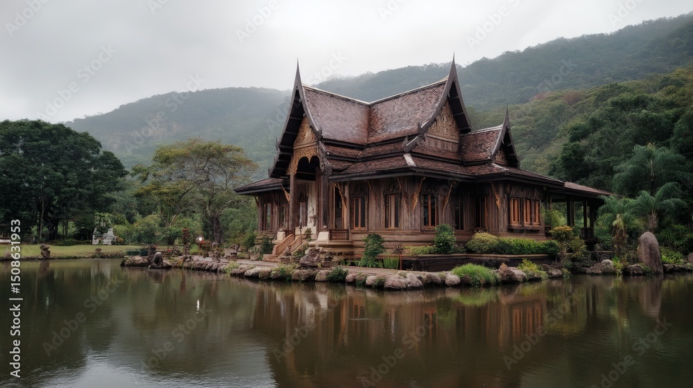 Fototapeta premium Traditional Thai Wooden House with Serene Water Reflection