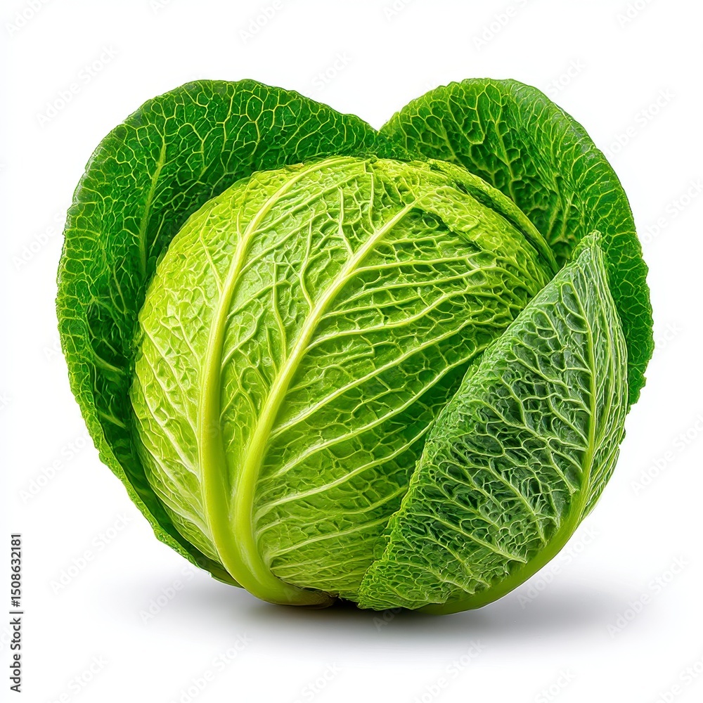 Fototapeta premium Fresh Green Savoy Cabbage on White Background