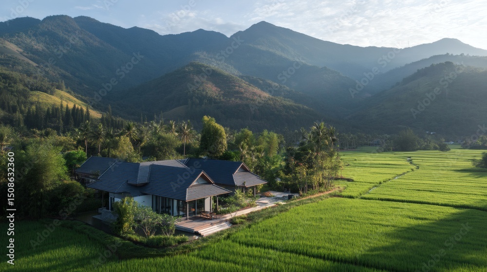 Serene Rice Field House with Lush Green Mountains Surroundings Serene Rice Field House with Lush Green Mountains Surroundings