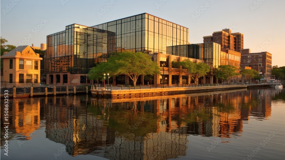 Naklejka premium Modern Glass Building Reflected in Calm River at Sunrise