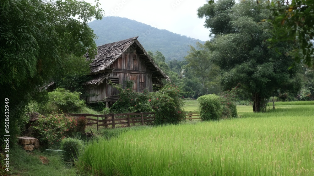 Obraz premium Tranquil countryside scene with rustic wooden cabin and rice fields