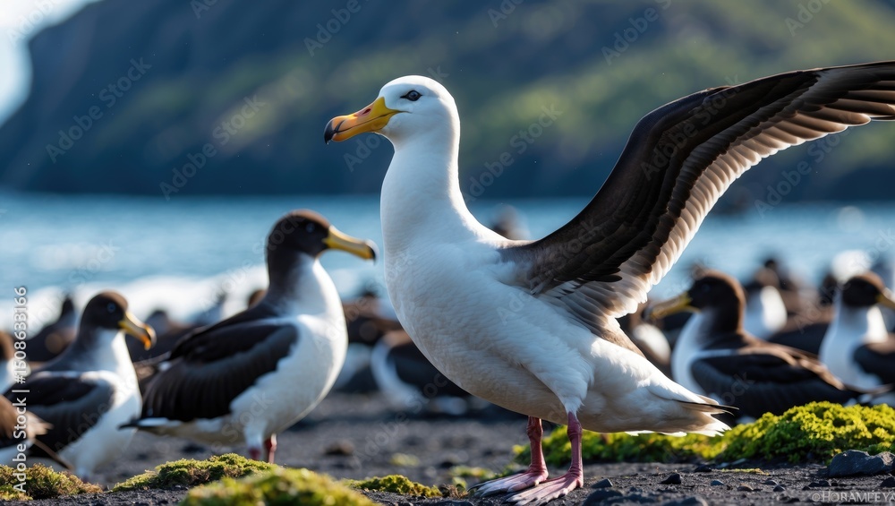 Fototapeta premium A black-browed albatross preparing to take flight at the colony on Island with other seabirds in the background