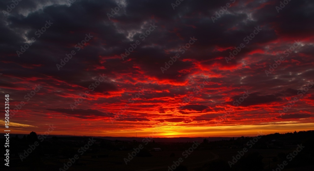 Vibrant sunset with fiery red and orange clouds over a dark landscape, creating a dramatic and beautiful scene in the evening sky Vibrant sunset with fiery red and orange clouds over a dark landscape, creating a dramatic and beautiful scene in the evening sky
