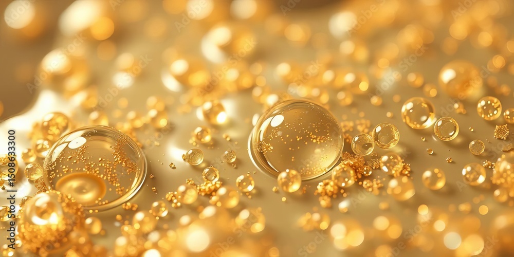 Close-up of shimmering gold serum bubbles, soft light reflections,  elegant,  bubbles