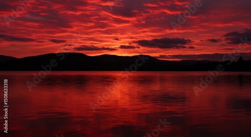 Fiery sunset reflecting on a tranquil lake with mountain silhouettes