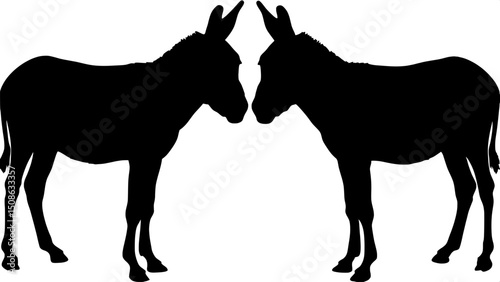 "A mirrored pair of donkey silhouettes facing each other, both rendered in solid black against a stark white background. Each donkey maintains the same relaxed yet alert posture, emphasizing symmetry 