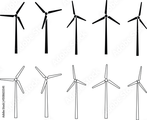 Wind turbine vector silhouette set. Windmill vector icons. Wind turbine icon. Wind power. Alternative energy symbols. Renewable power generation, green energy concept flat and line symbol