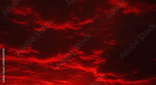Dramatic red sky filled with dark, ominous clouds creating a fiery and intense atmosphere at sunset