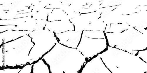 "A high-contrast black and white illustration showing large, cracked segments of dry earth or rock plates, resembling a stylized depiction of tectonic plate boundaries or a parched desert floor."