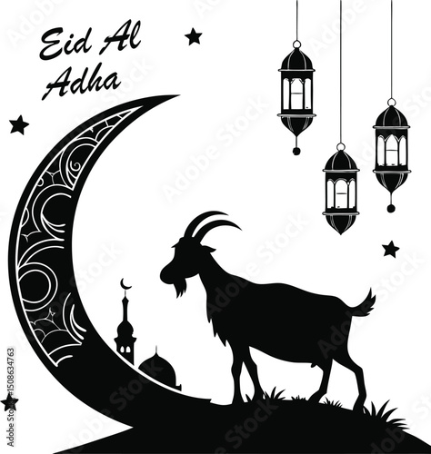 Eid Al-Adha Mubarak, silhouette of crescent moon and star, goat, calligraphic text, black and white, minimalistic, typographic illustration