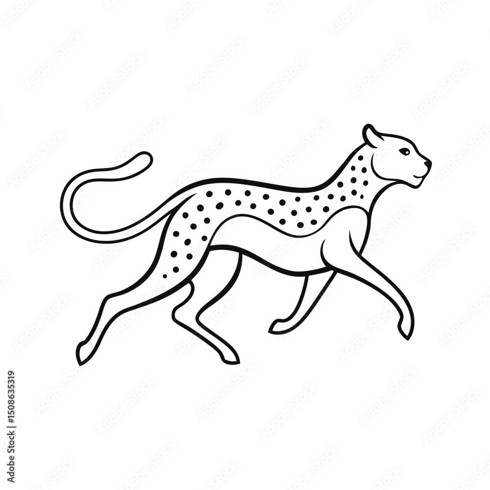 Fototapeta premium A graceful black and white outline illustration of a running cheetah with spots