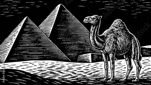 Ancient egyptian pyramid of Giza and camel black and white isolated hand drawn sketch vector