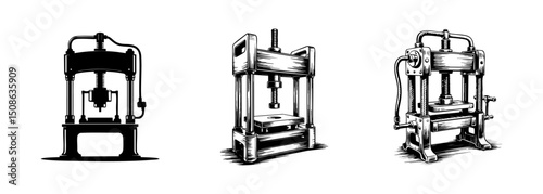 set of hydraulic press industrial machine vector illustration, historical printing and manufacturing
