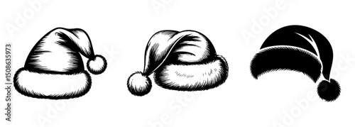 set of santa hat christmas cap vector illustrations, holiday celebration and festive attire
