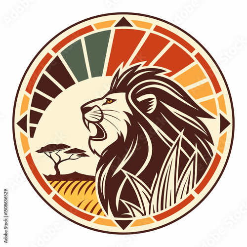 Roaring african lion in savanna circle design vector illustration graphic art for print and web use