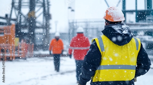 Workers in winter weather at an industrial site
