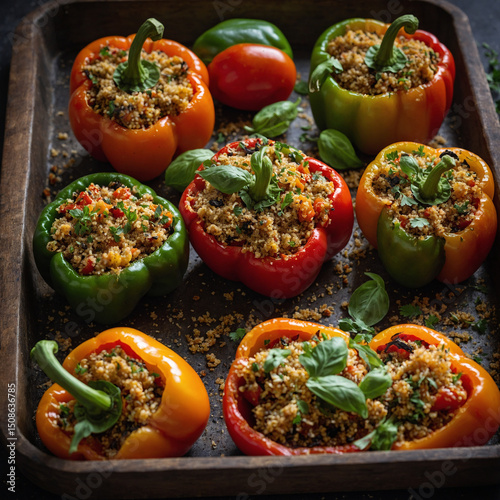 Stuffed bell peppers with quinoa tomato and herbs baked until golden and served on a rustic baking tray with baked residue marks and herbs scattered casually around, the close-up angle