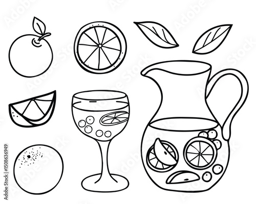 Sangria Set. Cocktail Glass and Jug or Pitcher with Orange and Apple fruits. Summer refreshment beverage. Hand drawn vector illustration of Spanish drink in Doodle style isolated on a background. For