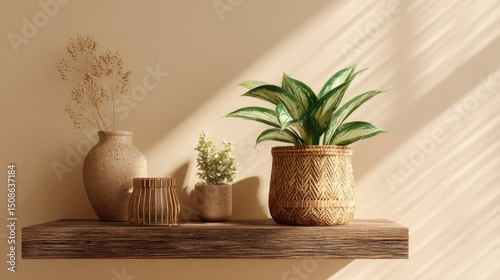 Elegant minimalist decor featuring plants and pottery on rustic shelf against soft beige backdrop
