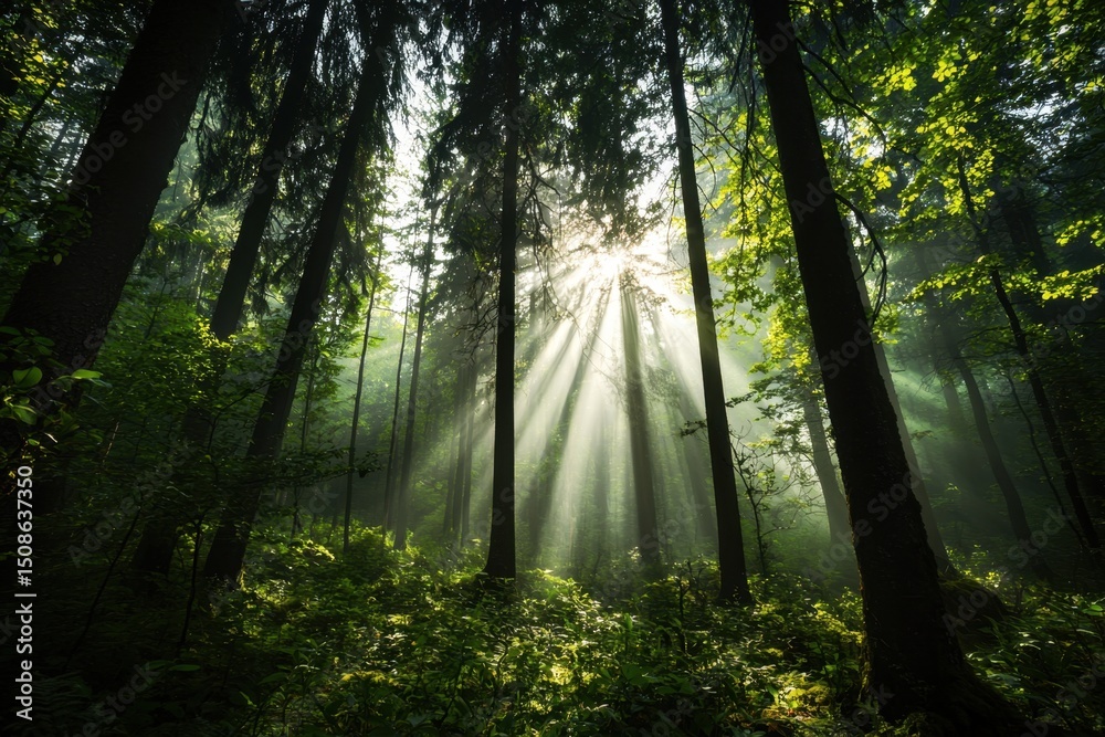 Obraz premium Sunlight streaming through tall trees in a dense forest nature photography serene environment mystic viewpoint capturing tranquility in gigapixel quality