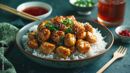 Sesame Chicken With Rice featuring empty space for text photo