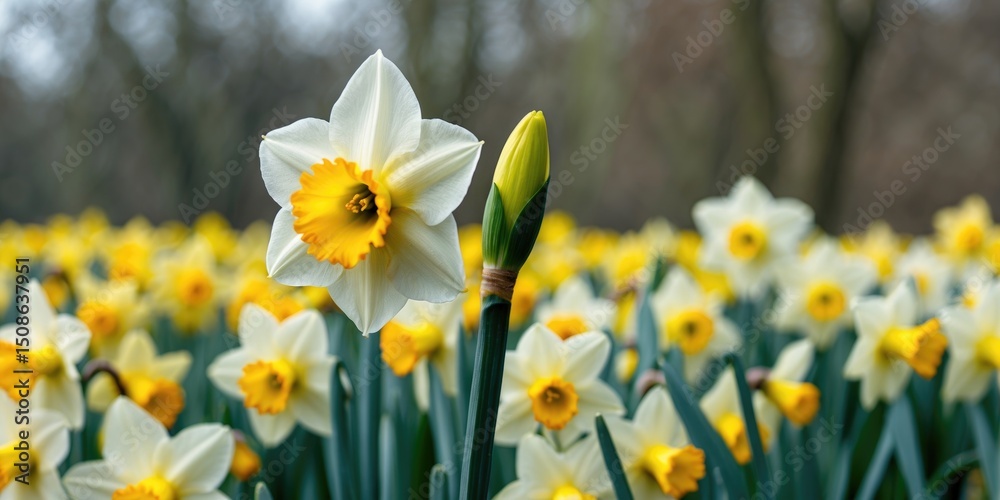Obraz premium Field Of Yellow Daffodils With Focus On A New Bud Blooming. Bright Colors.
