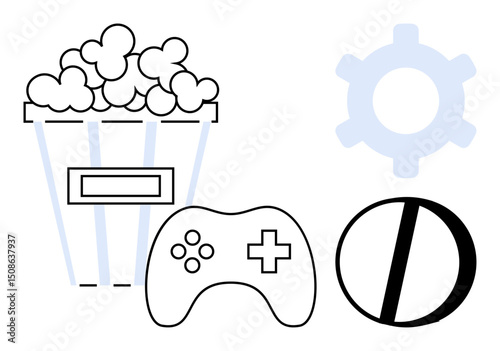 Gaming controller next to popcorn bucket, loading bar, gear, and restriction sign. Ideal for entertainment, gaming, leisure, settings operational issues restrictions and user experience. Flat