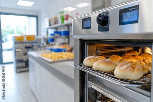 Commercial kitchen oven with freshly baked rolls