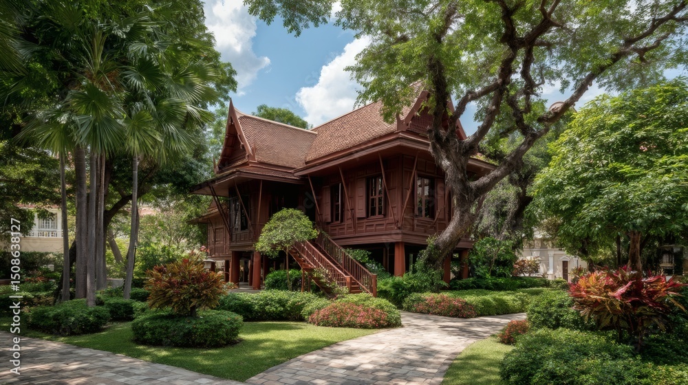 Naklejka premium Traditional Thai Wooden House Surrounded by Lush Green Garden