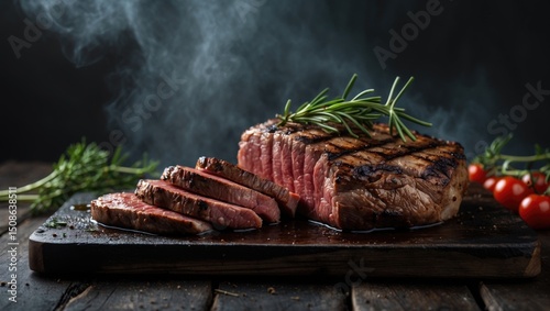 Grilled meat medium term cut into steaks with empty copy space for text
