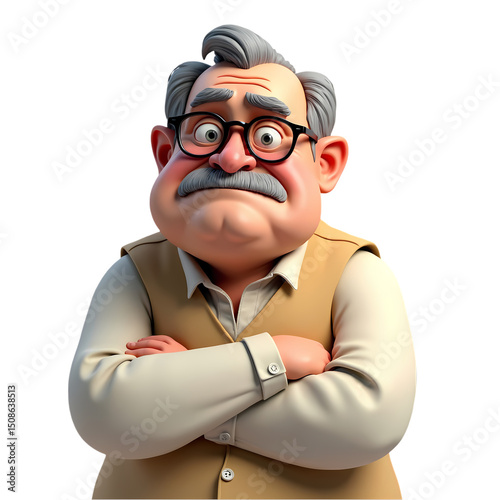 Cartoon man with gray hair and mustache wearing glasses with arms crossed on a black background isolated on transparent background