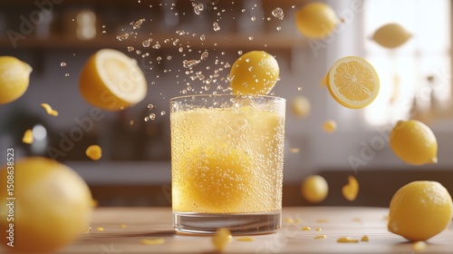 Freshly squeezed lemonade splash with floating lemons and bubbles in sunlit kitchen