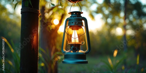 Close-Up Of A Lit Camping Lantern Hanging From A Pole In An Outdoor Setting, Providing Warm Glow And Enhancing Nature Atmosphere With Empty Space For Text photo