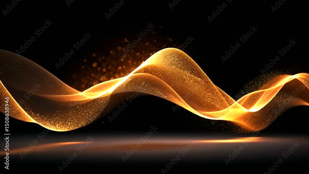 A glowing, golden ribbon wave gracefully arcs against a dark backdrop, accentuated by sparkling particles and soft ground reflection