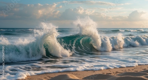 Fototapeta Naklejka Na Ścianę i Meble -  Breaking sea wave on a sandy beach background