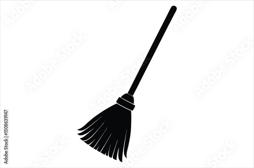 Broom magic. A vehicle for the witch. Element of witchcraft. Symbol of magic. Tattoo broomstick or print for Halloween or all saints ' day. Vector art, silhouette, illustration,  cartoon on white back