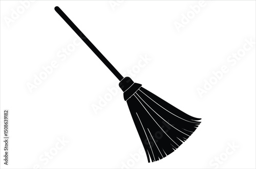 Broom magic. A vehicle for the witch. Element of witchcraft. Symbol of magic. Tattoo broomstick or print for Halloween or all saints ' day. Vector art, silhouette, illustration,  cartoon on white back