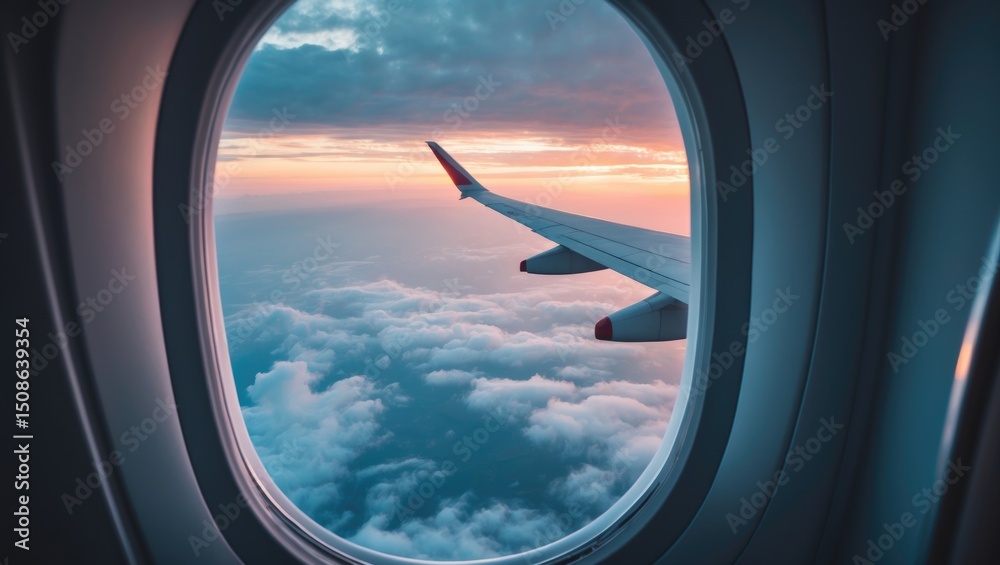 Fototapeta premium Airplane window and airplane wing view from the cabin during flight over clouds in the sky.