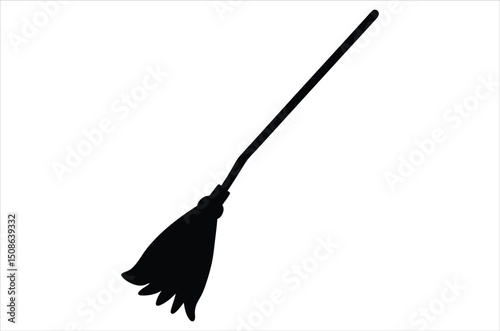 Broom magic. A vehicle for the witch. Element of witchcraft. Symbol of magic. Tattoo broomstick or print for Halloween or all saints ' day. Vector art, silhouette, illustration,  cartoon on white back