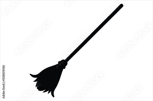 Broom magic. A vehicle for the witch. Element of witchcraft. Symbol of magic. Tattoo broomstick or print for Halloween or all saints ' day. Vector art, silhouette, illustration,  cartoon on white back