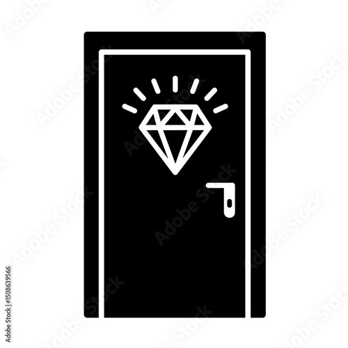 Diamond on Hotel Room Door Icon, Minimalist Black Graphic, Symbolizing Luxury Suite, For Travel Websites, Booking Apps, Hospitality Interface Design 