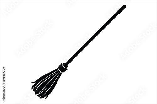 Broom magic. A vehicle for the witch. Element of witchcraft. Symbol of magic. Tattoo broomstick or print for Halloween or all saints ' day. Vector art, silhouette, illustration,  cartoon on white back