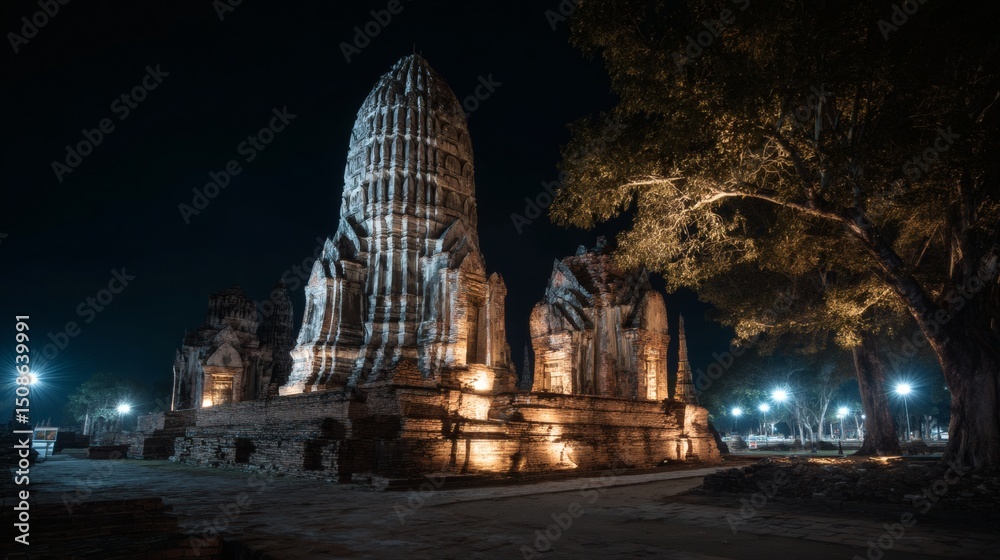 Fototapeta premium Ancient Temple Ruins Illuminated at Night in Mystical Setting