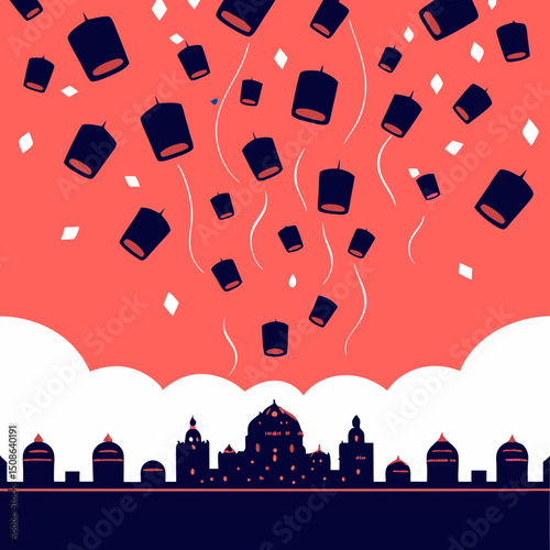 Every year, a floating city celebrates with lanterns released into the air. They don't rise—they fall upward, like sparks in reverse. Describe the scene, the colors, the music
