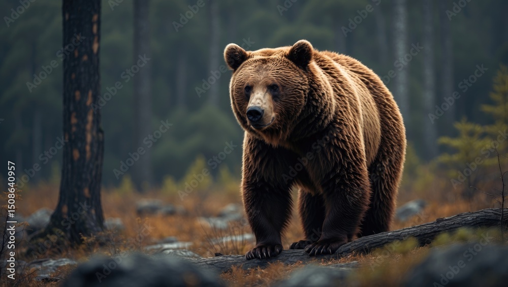 Obraz premium Brown Bear in Forest with Empty Copy Space for Text
